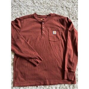 Carhartt Mens Henley Shirt XL Crew Buttons Long Sleeve Workwear Rusty Red/Orange